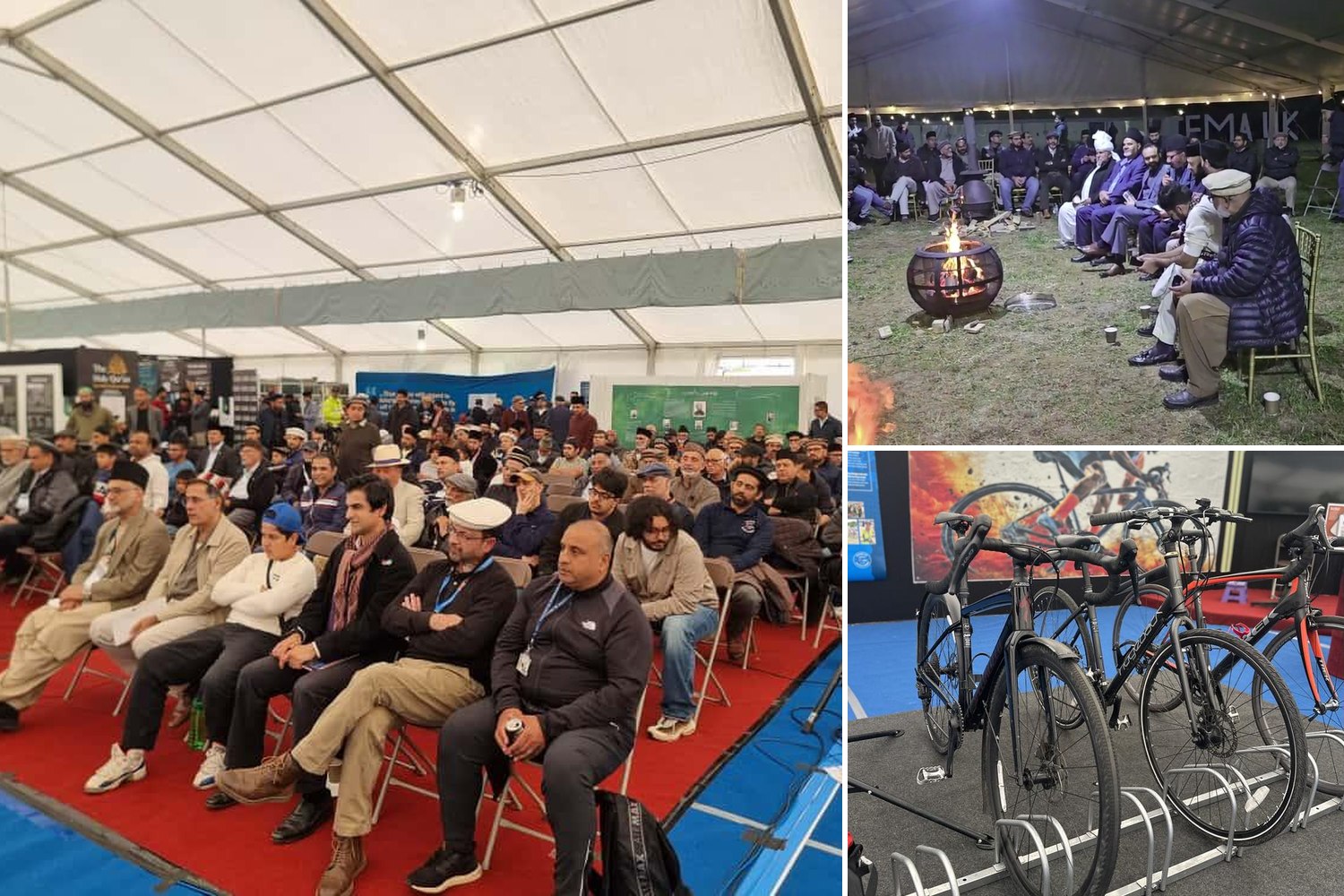 Three scenes from the 2025 Ijtema: a full audience seated in the auditorium marquee, an evening gathering around a brazier under the marquee lights, and bicycles racked in front of a cycling mural at the exhibition