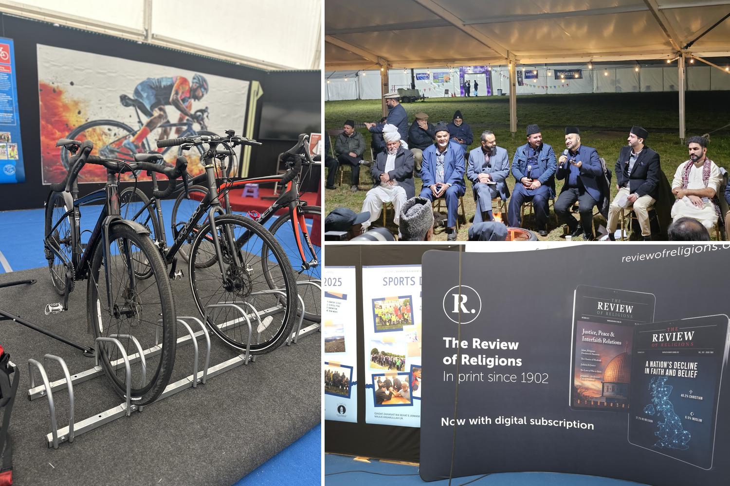 Three scenes from the 2025 Ijtema: bicycles on a rack in front of a Ride 4 Peace mural, an evening gathering seated around a fire with one of the speakers holding a microphone, and the Review of Religions exhibition stand